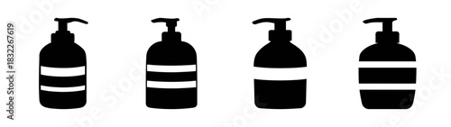 Black and white shampoo bottles with pump dispensers for hair care and personal hygiene products