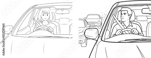 Monochrome Line Art Illustration of Male and Female Car Drivers