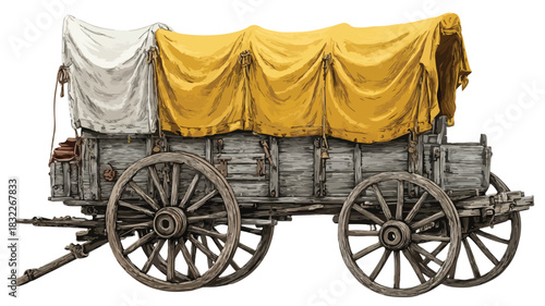 Detailed Wooden Wagon Drawing on White Background with Yellow Accents