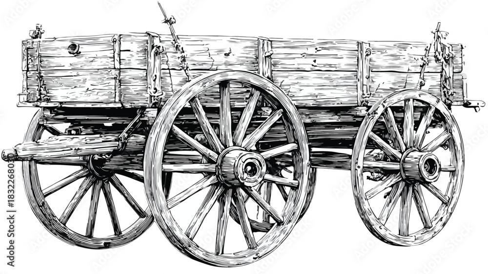 Fototapeta premium Vintage Wooden Wagon with Spoked Wheel in Detailed Drawing Style