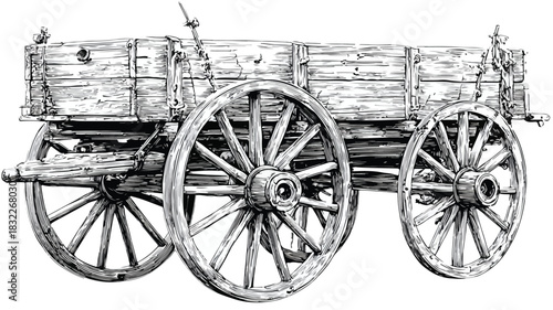 Vintage Wooden Wagon with Spoked Wheel in Detailed Drawing Style