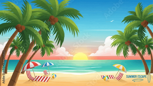 Tropical beach scene with palm trees umbrellas and beach chairs at sunset for summer vacation