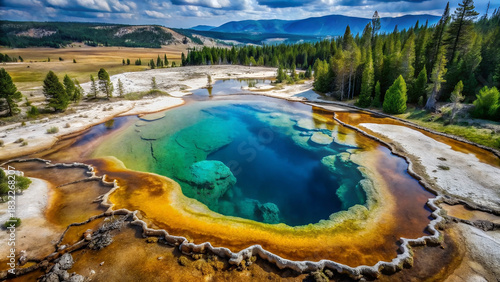 Vibrant geothermal hot spring with rainbow-colored edges in lush forest environment viewed from above
