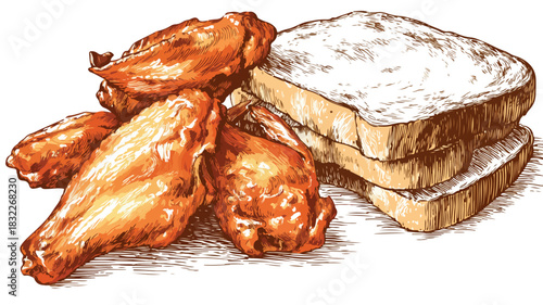 Delicious Chicken Wings and Bread Piece Vector Illustration for Food Concepts