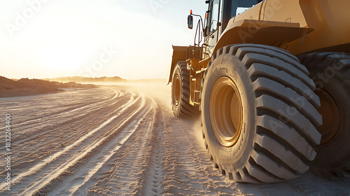 A close-up of the large tires of a construction vehicle, traversing sandy terrain. The early morning sunlight enhances the scene, casting long shadows and highlighting the dust.