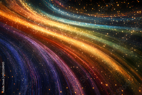 Vibrant, swirling cosmic energy trails with sparkling stardust, evoking wonder and the vastness of space.