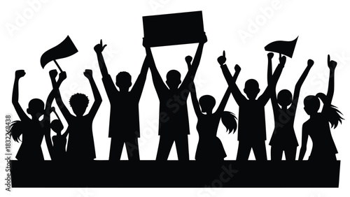 Silhouette of a protest scene with individuals holding signs against a colorful sunset backdrop..eps