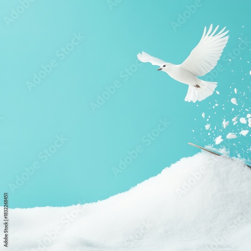 White Dove Taking Flight from Snow on Aqua Background, Bird, Freedom