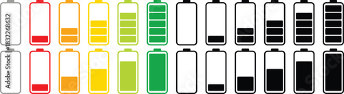Colorful flat battery level icons in horizontal row showing empty to full charge stages with red yellow green bars and monochrome black silhouettes on white background