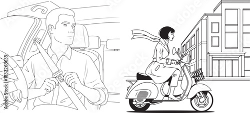 Monochrome Vector Art: Car Driver and Scooter Rider in City Scene