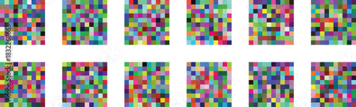 Colorful geometric vector art with ten small mosaic square grids arranged in two rows on white background, random pixel blocks creating playful abstract pattern design