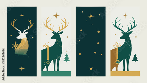 festive Christmas banners featuring deer, trees, and snowflakes in a wintery design..eps