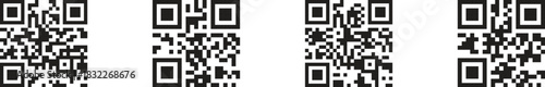 Minimalist vector art row of four black qr code icons aligned horizontally on white, simple square barcodes for digital payment and contactless scanning design