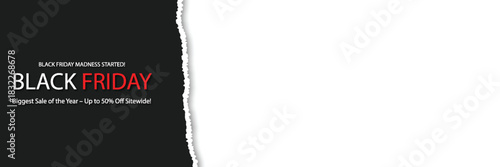 Minimalist vector wide banner with torn paper edge revealing black friday sale text on dark background and large white space for promotional design