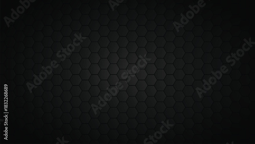 Monochrome vector art of dark hexagonal honeycomb pattern with subtle central glow and seamless geometric tiles forming modern futuristic technology background texture