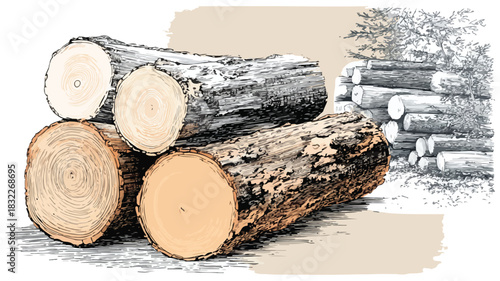 Detailed Vector Drawing of Logs with Log in the Middle