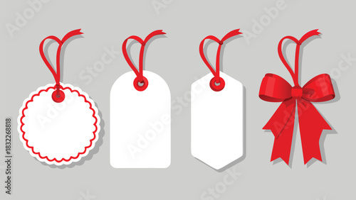 Four blank tags with red ribbons displayed on a gray background, ready for labeling or decoration..eps