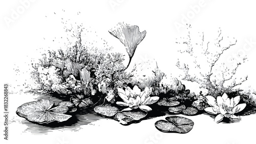 Botanical Illustration of Plants with Water Lily Pads and 'Quote' Word