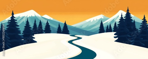 Winter Landscape Snow Path, Pines and Mountains with Orange Sky, Illustration, Scenery