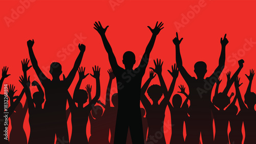 Silhouette of a crowd with raised hands, symbolizing celebration or support during an event..eps