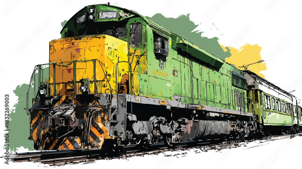 Obraz premium Vibrant Green Train with Yellow Top and Black Engine Traveling on Tracks