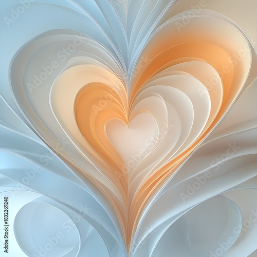 Abstract flowing heart shape with warm orange and cool blue tones, creating a sense of gentle love and serenity.
