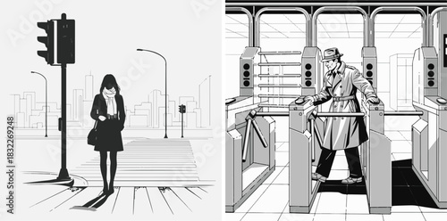 Monochromatic Vector Illustrations of Urban Life, Featuring People and Cityscape