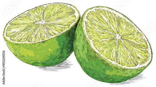 Detailed Vector Drawing of Lime Cut in Half with Outline