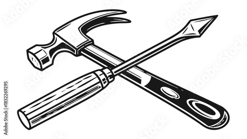 “Black carpenter emblem logo, hammer + chisel cross design, bold outlines, perfect for branding, clean vector style, transparent background.”