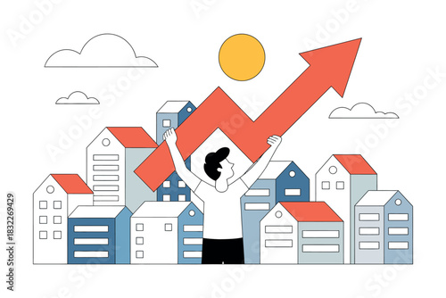 Person celebrates rising success above stylized cityscape, symbolizing growth and achievement.