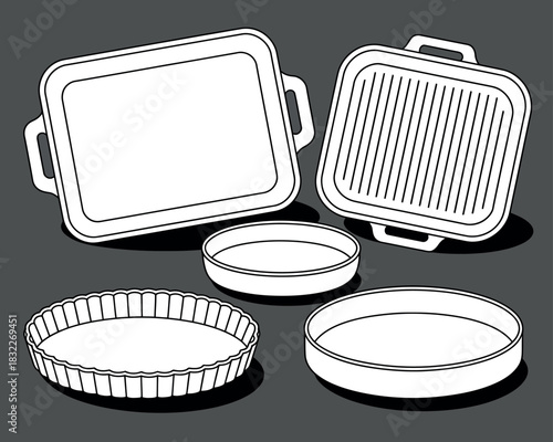 Collection of baking pans and dishes for culinary creations