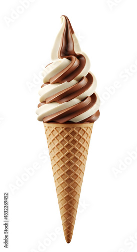Delicious swirled vanilla and chocolate soft serve ice cream cone on black