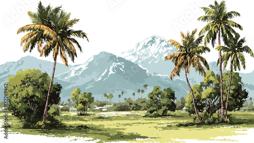 Serene Landscape Painting with Palm Trees and Mountains