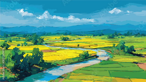 Tranquil Landscape Painting with Rice Fields and River