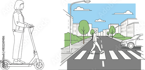Simplified vector illustration of urban scene with scooter and pedestrian crossing
