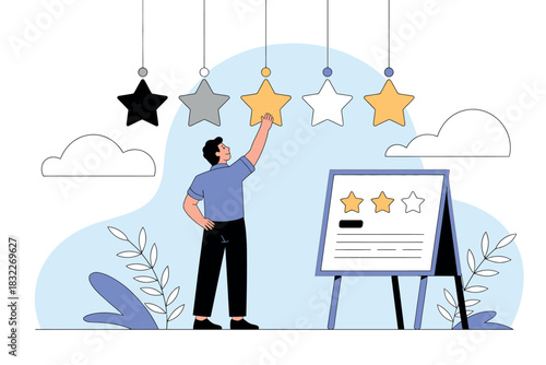 Man selecting golden star for excellent rating and positive feedback on review board
