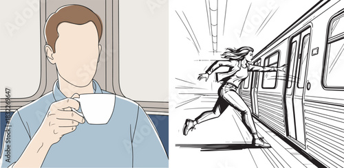 Illustration contrasting calm train passenger with a woman running for subway.