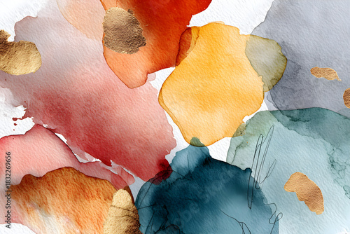 Vibrant abstract watercolor shapes with gold accents create a dynamic and artistic background.