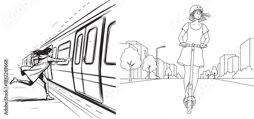 Monochrome Line Art Illustration of Urban Travel and Daily Commute Scenes