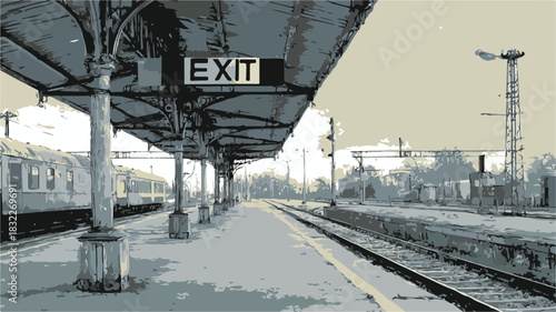 Vibrant Painting of Train Station with 'Exit' Sign, Unique Artwork for Design Projects
