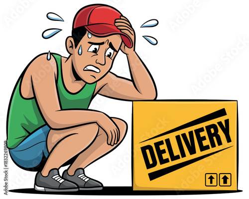 Stressed delivery person feeling overwhelmed by a package on a hot day