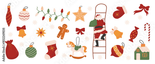 Whimsical Christmas illustration with Santa climbing a ladder, surrounded by festive decorations and winter elements. Perfect for holiday design and seasonal content