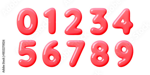 Playful glossy 3d red number set in bright balloon style. Soft inflated digits with shiny candy texture. Clean red shapes and smooth 3d number forms fit kids, party themes and fun modern design