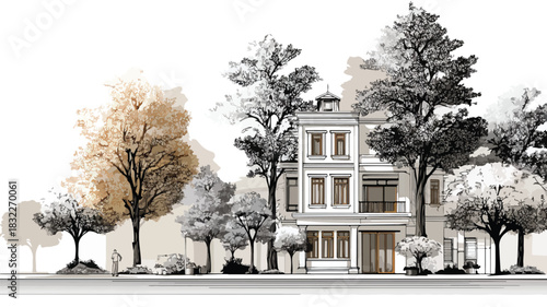 Modern building surrounded by lush trees on a white background for design projects