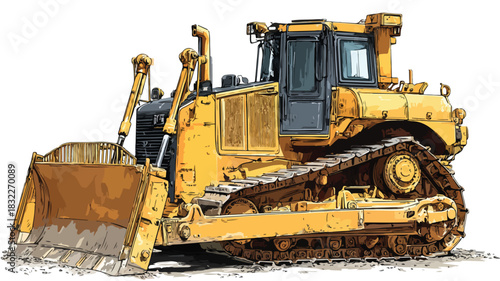 Bulldozer on White Background Vector with Outline - Professional Construction Equipment Illustration