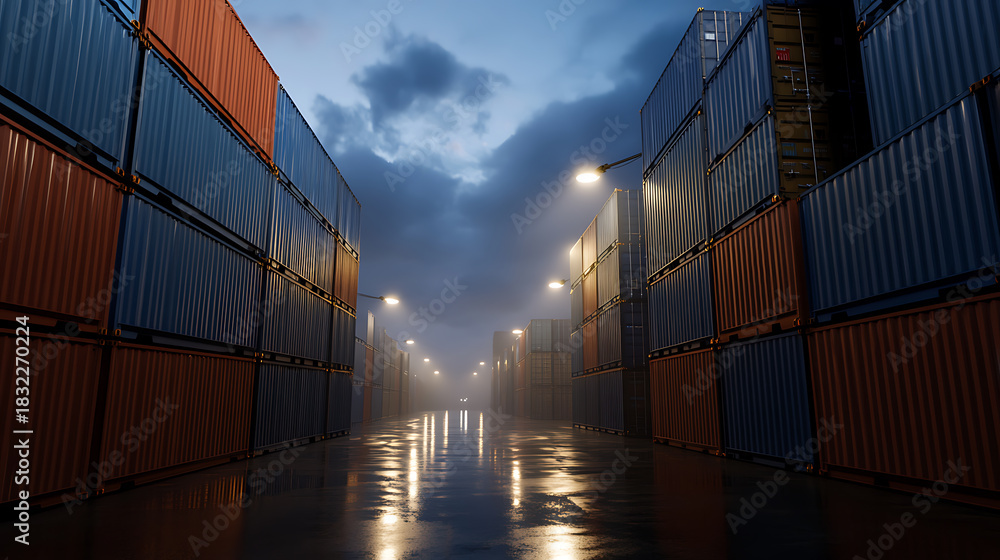 Fototapeta premium A long view of cargo containers. A view of endless containers sitting under the lights, reflecting off the wet ground. The image evokes the feeling of transportation and logistics.