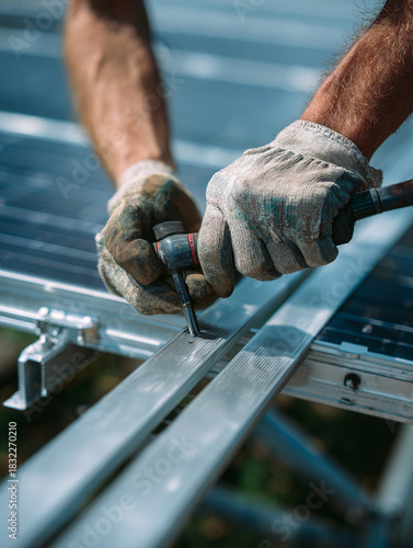 Worker hands installing solar panel mounting rails with screwdriver on renewable energy construction site