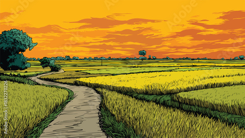 Scenic Rice Field with Road, Countryside Landscape Vector Illustration