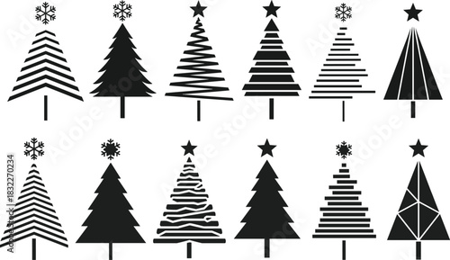 Collection of abstract christmas tree silhouettes in black and white