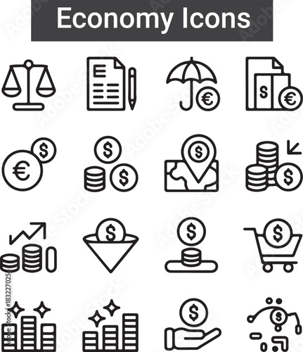 Finance line icon set with money, bank, check, law, auction, exchange, payment, wallet, deposit, piggy, calculator, web,

